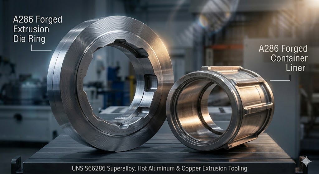 A286 forged extrusion die ring and container liner for hot aluminum and copper extrusion press tooling, UNS S66286 iron-based superalloy